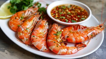 Grilled Prawns (Shrimp) on white plate with spicy Thai dipping seafood sauce.