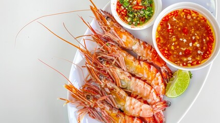 Grilled Prawns (Shrimp) on white plate with spicy Thai dipping seafood sauce.