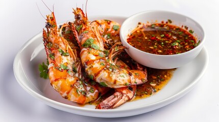 Grilled Prawns (Shrimp) on white plate with spicy Thai dipping seafood sauce.