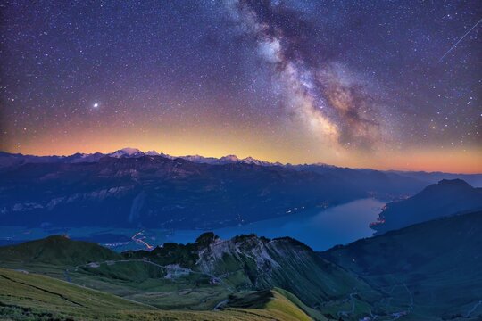 View of Lake Brienz with starry sky and Milky Way from Brienzer Rothorn, Brienz and Interlaken, Canton Bern, Switzerland, Europe