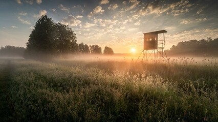 Colourful sunrise in German floodplain landscape in Brandenburg with high seat at the Nuthe, Luckenwalde, Germany, Europe