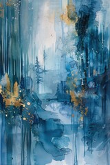 Exploratory Essence: Blue and Grey Layered Watercolor Mountainscape for an Abstract Adventure