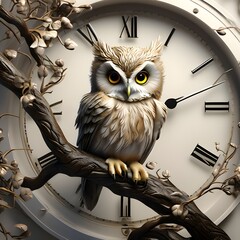 Owl on a branch. A baby owl perched on a branch, staring intently at a small clock or watch. Generative AI.