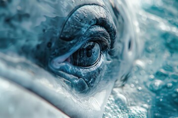 Extreme close-up of the eye of a whale, detailing the texture and reflections in the surrounding water. - obrazy, fototapety, plakaty