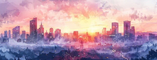 Urban Dawn: A Watercolor Skyline with Soft Washes of Color, Where Architecture Meets Art