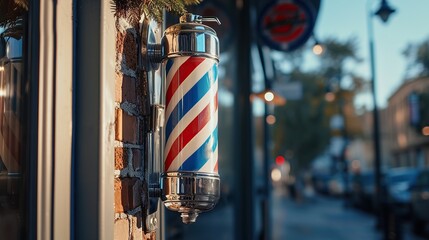 Barber pole hanging in front of barbershop