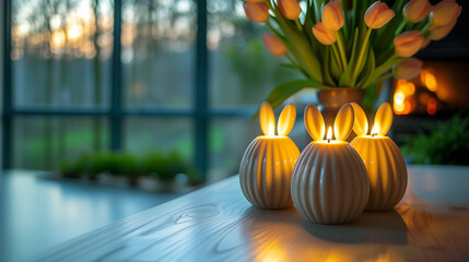 Candles with bunny ears on the table, against the background of tulips in a vase
