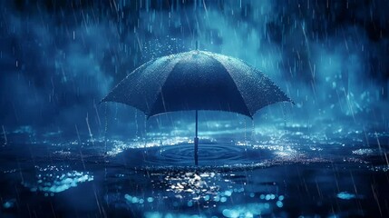 "An animation of a soaked blue umbrella being heavily drenched in rain. Seamless looping time-lapse animation video background generated by AI."