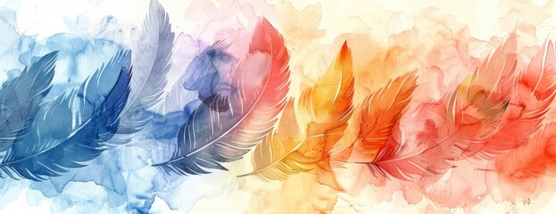 Floating Feather Serenity: Overlapping Soft Watercolor Feathers in Various Colors for a Tranquil Desktop
