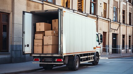 Logistic warehouse cardboard boxes in open truck , parcels loaded into container
