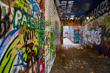 Fototapeta na wymiar Vibrant Graffiti Alley Art in Urban Michigan, Eye-Level View