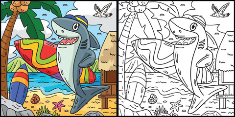 Shark with Surfboard Coloring Page Illustration