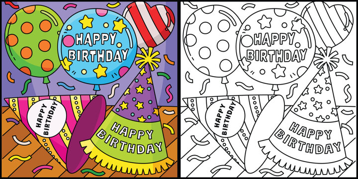 Birthday Party Hats and Balloons Illustration