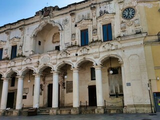 Fototapeta na wymiar The extraordinary facades of some Lecce Baroque style houses, located in the beautiful town of Nardò, Puglia, Italy.