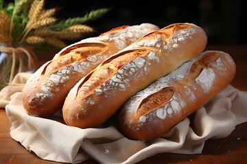 Traditional fresh baguettes on a dark background. French bread on a wooden table