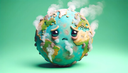 Saddened Earth Character with Melting Ice Caps and Smoke - obrazy, fototapety, plakaty