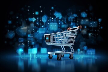 transparent shopping cart on dark blue glitter background