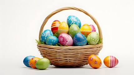 Fototapeta na wymiar Wicker basket with Easter colored eggs isolated on white background