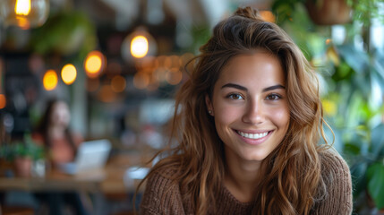 Obraz premium Enthusiastic Hispanic Young Woman Working on a Computer laptop in a Modern Bright Office. Confident Human Resources Agent Smiling Happily While Collaborating Online with Colleagues in a cafe