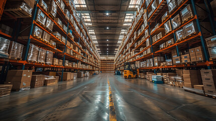 Fototapeta premium Large modern warehouse with forklifts Huge distribution warehouse