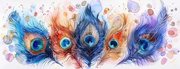 Peacock Splendor: Intricately Patterned Iridescent Watercolor Feathers Adding Vibrancy to Your Desktop - obrazy, fototapety, plakaty