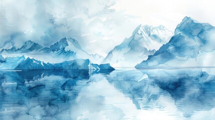Icy Elegance: Majestic Watercolor Icebergs in Shades of Blue and White for a Tranquil Desktop Background