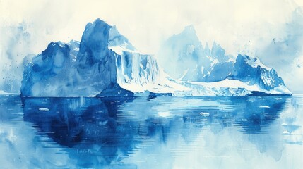 Calm Iceberg Serenity: Cool Blue and White Watercolor Reflections of Frozen Landscapes