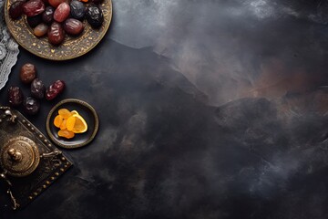 Table top view image of decoration Ramadan Kareem, dates fruit, aladdin lamp, tea and rosary beads on dark stone background. Flat lay with copy space - generative ai - obrazy, fototapety, plakaty