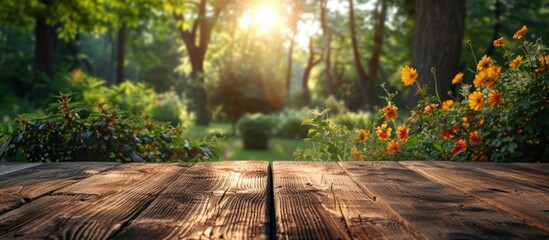 Wooden table with blurred green nature garden background