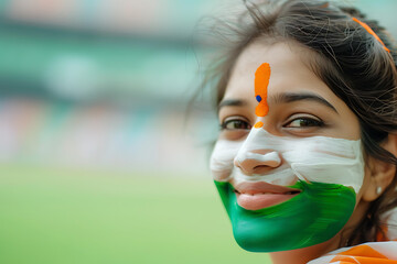 Portrait of a happy Indian woman sports fan, with India flag colours face painted at a sporting event. - obrazy, fototapety, plakaty