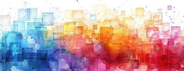 Digital Meets Traditional: Colorful Watercolor Pixel Art Mosaic for a Vibrant Desktop Background - obrazy, fototapety, plakaty