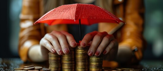 woman hand holding small red umbrella over pile of coins
