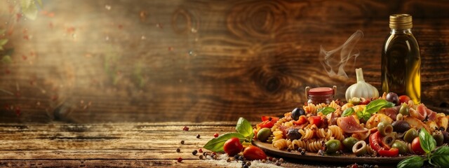 Naklejka na ściany i meble Italian pasta salad on rustic wooden background
