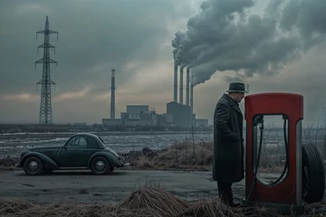 Fototapeten A man in a coat stands by an old car, gazing at a charging station, with industrial smokestacks in the background © bluebeat76