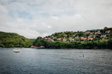 View of houses on the coastline near Soufriere in Saint Lucia in the Caribbean 