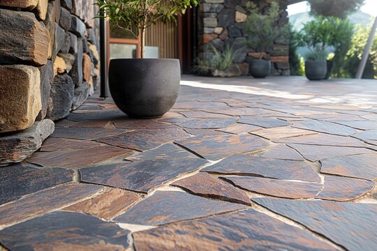 A close-up of an outdoor stone pathway with irregularly porphyry slabs, multicolored stones
