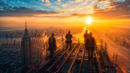 Silhouetted construction workers observing the city skyline during a vibrant sunrise