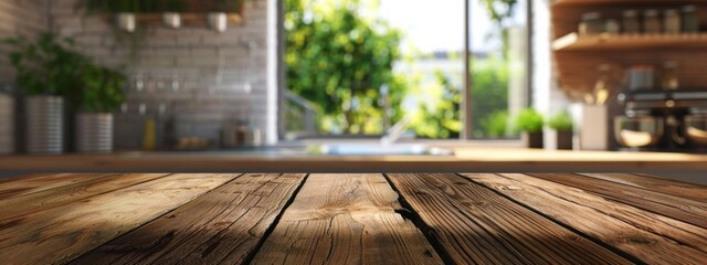 Wooden texture table top, blurry kitchen background