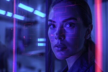 Woman Undergoes Advanced Facial Recognition Screening in a High-Tech Security Facility at Night