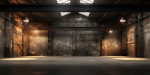 Industrial Abandonment: Desolate Concrete Warehouse in Shadows, Aged Grunge Interior