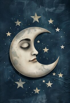 crescent face stars grey background sleep nose white moon facial features poster nocturnal palette love half closed eyes glimmering