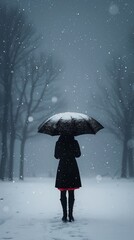 woman walking snow umbrella eerie love affair doubt mourning standing back transparent grief background