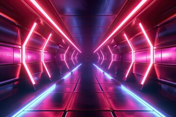 Neon colors converge in a luminous sci-fi corridor junction, creating a visually stunning amalgamation of futuristic aesthetics.