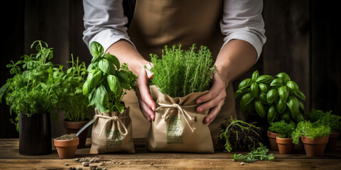 A pair of hands holding a pot with fresh organic herbs, surrounded by seed packets, gardening tools, and reusable cloth bags, on rustic wood background - Powered by Adobe