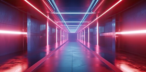 A sci-fi corridor showcases the elegance of neon futurism, where graceful lines and vibrant luminosity create a mesmerizing visual experience.