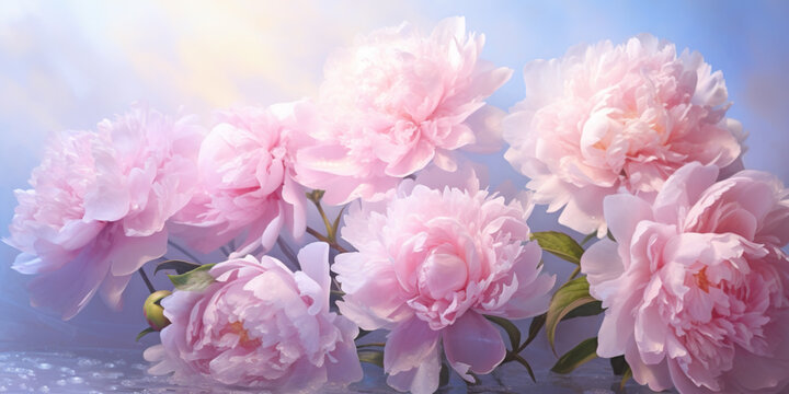 Peony flowers in a foggy, cheerful bright light in the spring