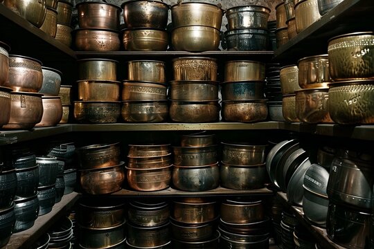 A shelf filled with an assortment of pots and pans neatly arranged. The varying shapes, sizes, and materials of the cookware creating a practical and organized kitchen storage solution. Generative AI