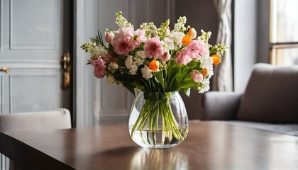 Fototapeta premium Spring flowers bouquet in vase on table with morning sunlight, stylish living room apartment interior
