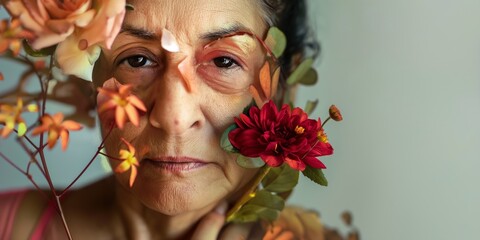 A mature Latin woman is featured in this portrait, adorned with flowers creating an abstract contemporary art collage.
