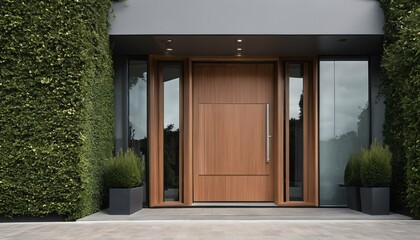 Luxury building facade, modern main entrance with elegant door and backyard setting